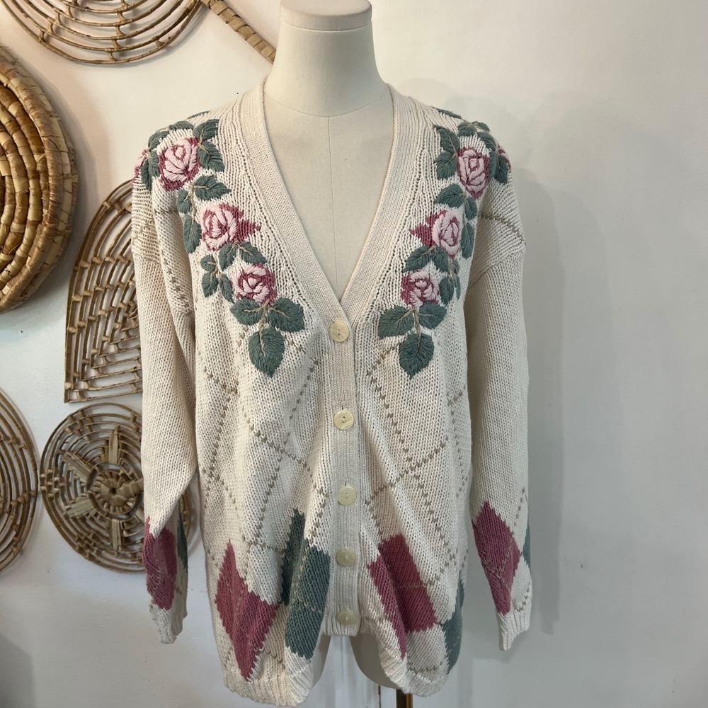 Vintage Venezia Cream Ramie Cotton Embroidered Floral Argyle Cardigan 18/20 - Picture 2 of 10